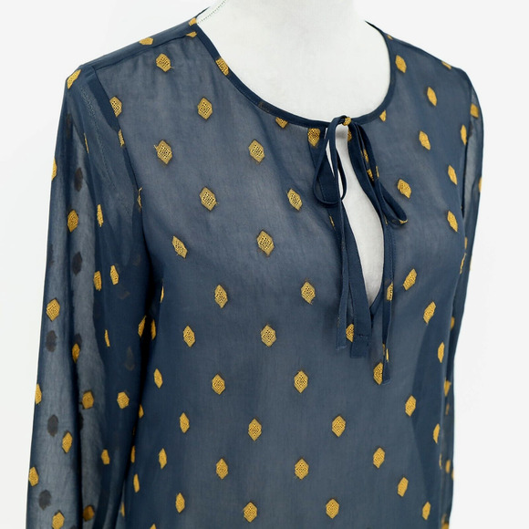 Ann Taylor Top Petites SP PS Navy Blue Sheer Blouse Gold Medallions Embroidery - Picture 6 of 14